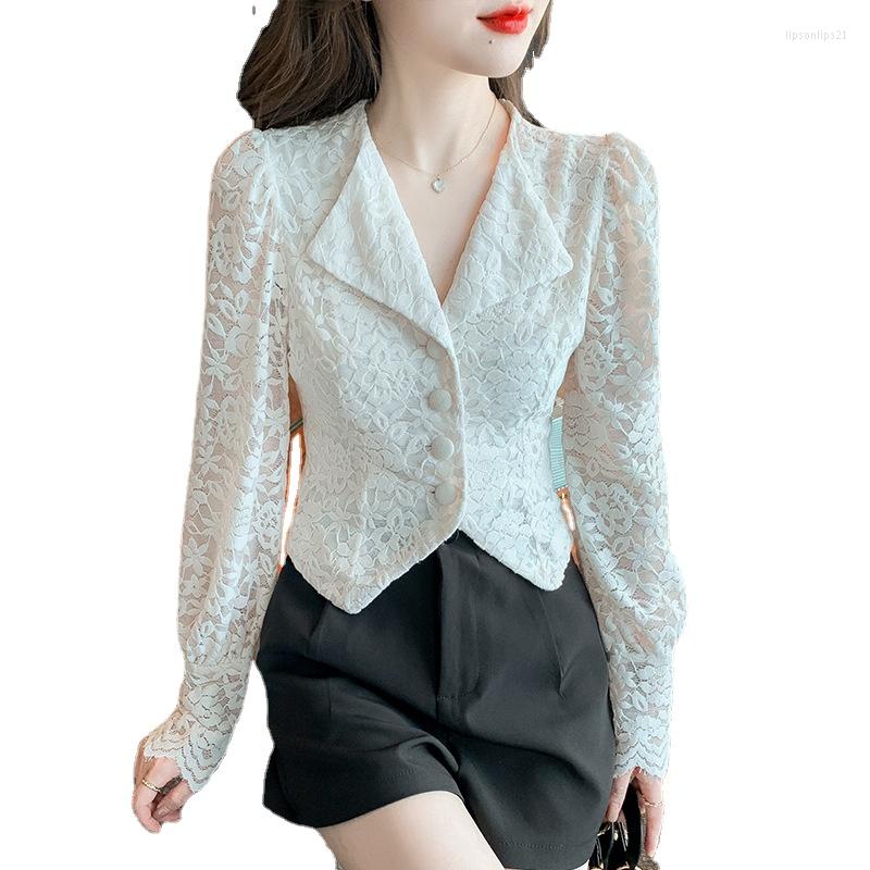 

Women' Jackets 2022 Early Autumn Short Coat Lace Blouse Fashion Women' Clothing Lapel Single-breasted Long Sleeve Shirt OL Office Lady, White