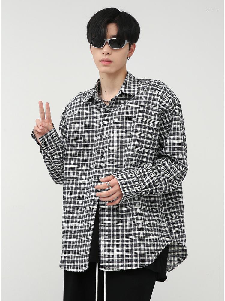 

Men's Casual Shirts Shirt Autumn Men's Korean Fashion Loose Simple Personalized Lattice Shoulder Pad Turn-down Collar Male Tops 2A5598, Black