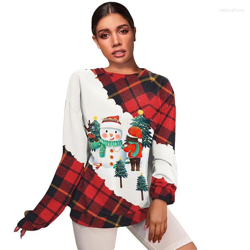 

Women' Hoodies Autumn Winter Style European And American Halloween Christmas Snowman Print Round Neck Long Sleeve Pullover Sweater Women, Red