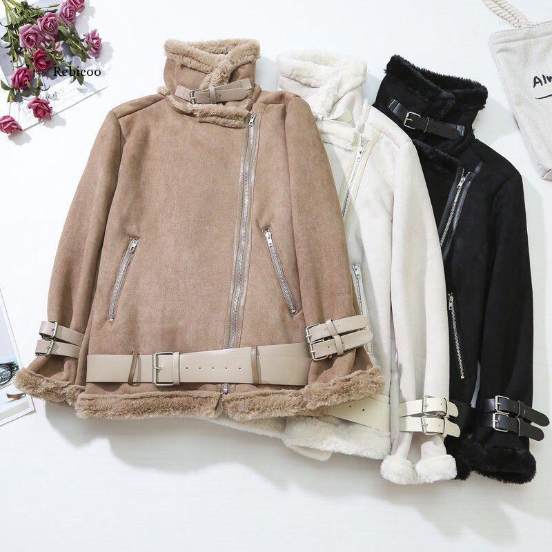 

Women' Leather Winter Suede Jackets Women Lambs Wool Casual Thick Warm Faux PU Jacket Female Oversized Motorcycle Coat, Beige