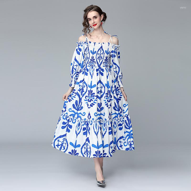 

Casual Dresses Designer Runway Summer Boho Holiday Dress Women Blue And White Porcelain Printing Bow Lantern Sleeve Elastic Waist Long