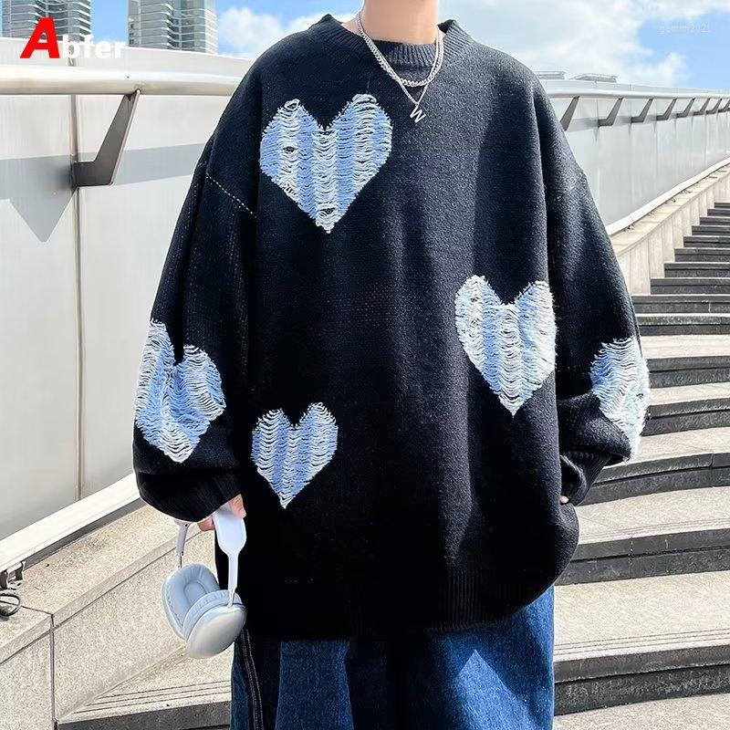 

Men's Sweaters Abfer 2022 Autumn Winter Love Heart Jacquard Sweater Men Hip Hop Knitted Pullover Unisex Oversize High Street Jumpers, Black