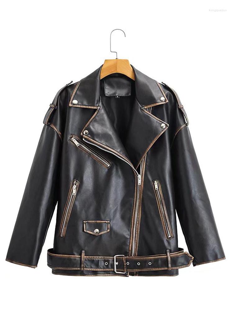 

Women' Leather 2022 Spring Autumn Women Pu Faux Jacket Streetwear Female Moto Biker Loose Coat With Belt Outwear, Black