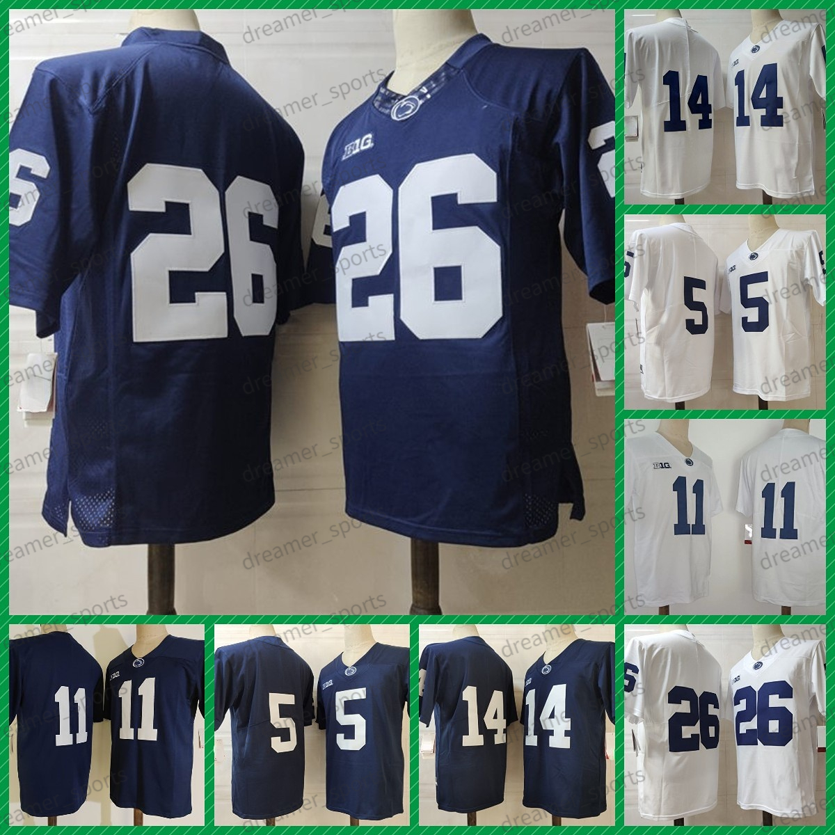 

NCAA 5 Dotson Football Jersey 11 Micah Parsons 14 Clifford 26 Saquon Barkley White Blue NO NAME Penn State College Football Jerseys Mens Stitched, White jersey;no name