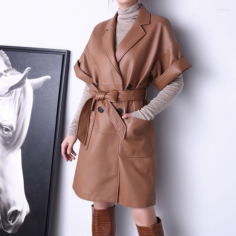 

Women's Leather 2022 Spring Autumn Women's Belted Genuine Jacket Short Sleeves Fashion Coat Lady Sheepskin Outerwear TF3937, Brown