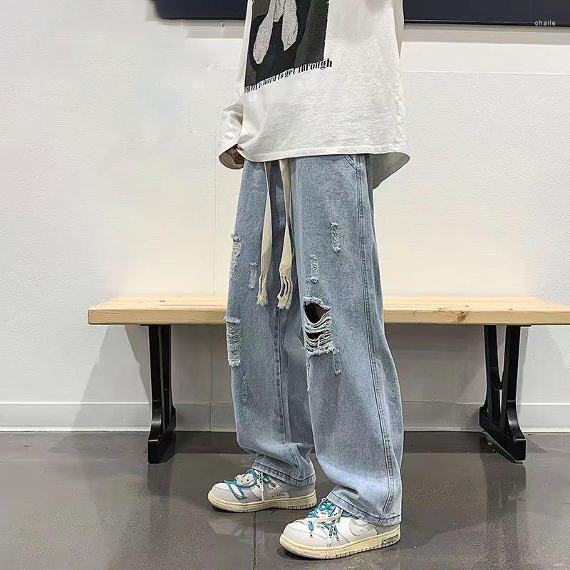

Men's Jeans Y2K Men's European And American High Street Tie-dyed Hip Hop Tide Brand Straight Loose Retro Wide-leg Hole Pants, Black