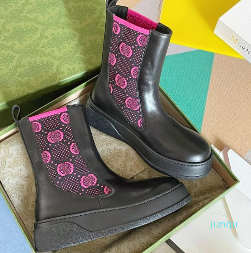 

New Casual Shoes Fashion Flat Women's boot with jersey Black Calfskin Rubber Platform Letter Printing High top Shoe Elastic Belt Hooded, #1