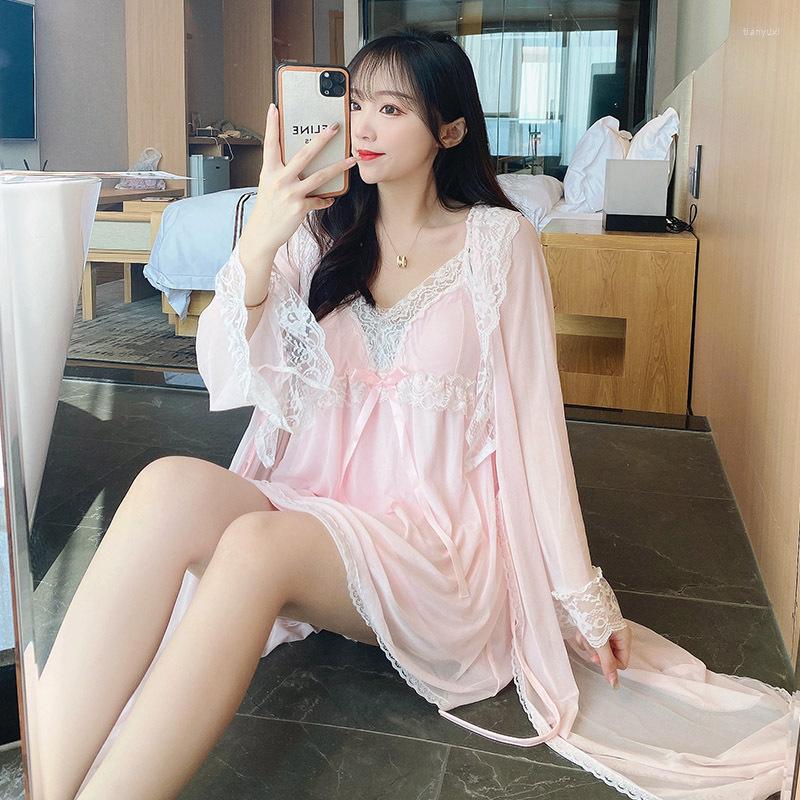 

Women's Sleepwear Ladies Summer 3PCS Mesh Pajama Sets Sexy V-Neck Strap Top&Shorts Spring Autumn Nightwear Sweet Lace Trim Bathrobe, Pink
