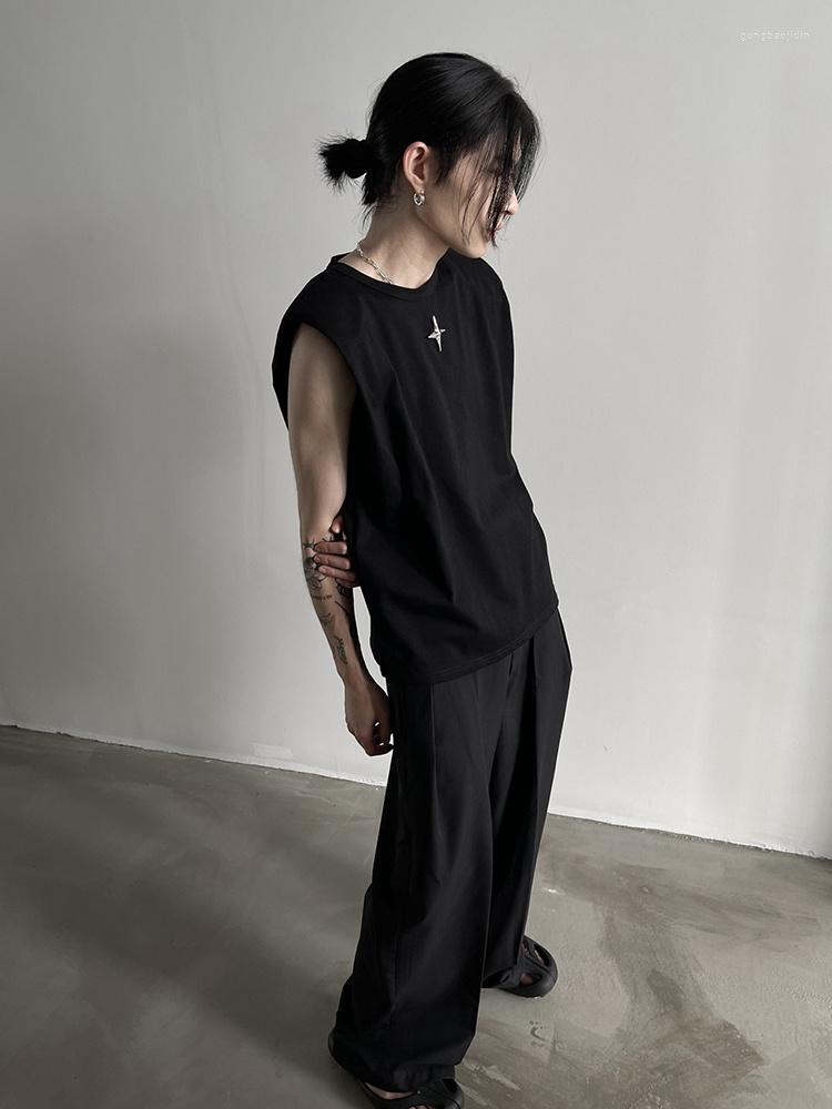 

Men' Tank Tops Pad Star Metal Shoulder Loose Sleeveless Vest 2023 Solid Color Darkwear Round Neck Fashion Temperament Male 2A5128, Black