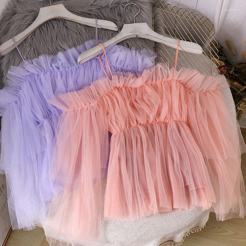 

Women's Blouses Sexy Straps Gauze Spliced Multi-Layers Mesh Shirts Summer Wild Thin Fairy Net Off Shoulders Pleated Chiffon Crop Tops, Beige