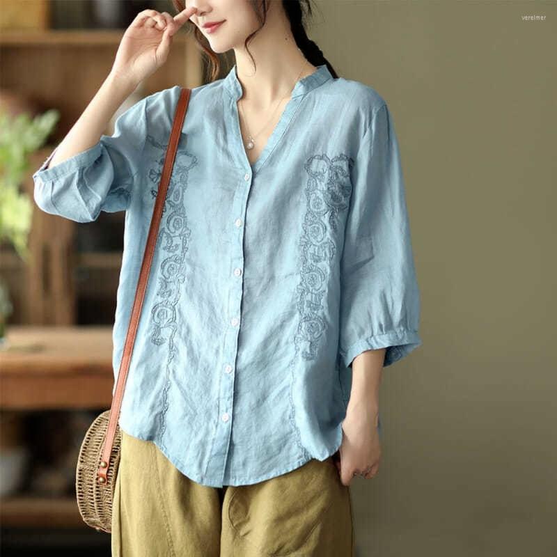 

Women's Blouses Spring Vintage Button Loose Shirts Cotton Linen Embroidery For Women Fashion 2022 Femme Blusas Plus Size 4XL, Sky blue