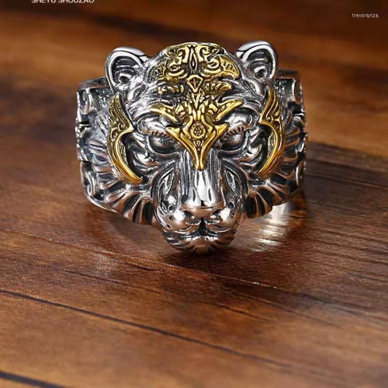

Cluster Rings Retro Two-Color Tiger Head For Men's Trend Fashion Rock Hip-Hop Domineering Opening Ring Locomotive Jewelry Gift