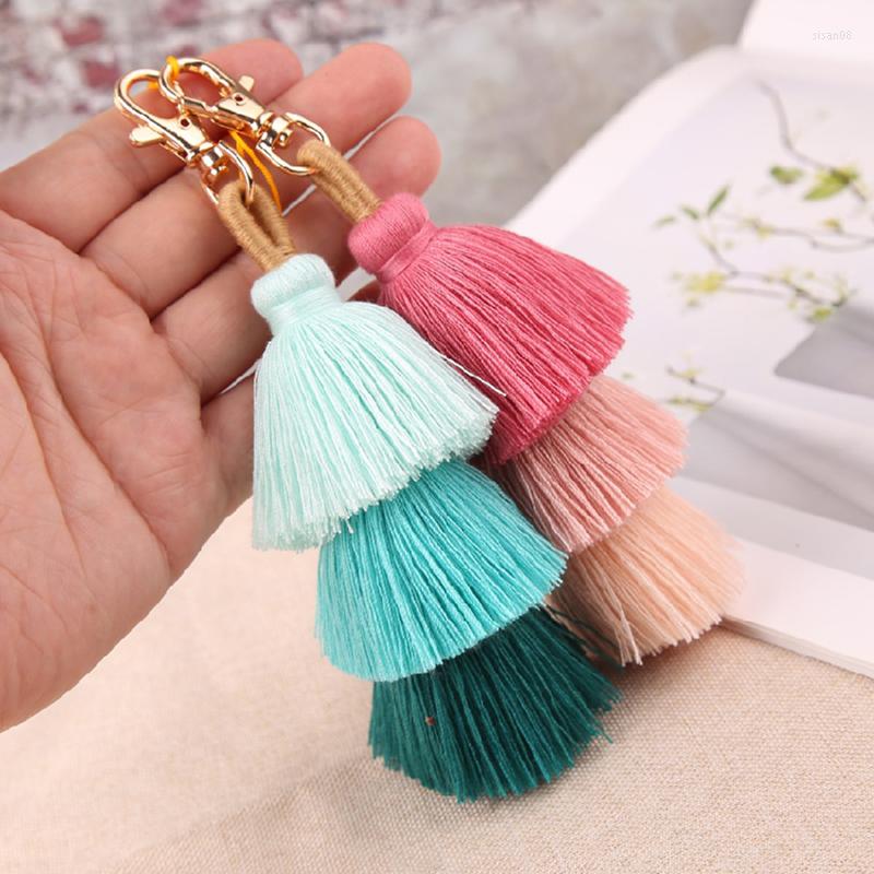 

Keychains 1 Pc Handmade Pom Colorful 4 Layered Tassel Keychain Bag Charms Gradient Colors Key Holder Boho Jewelry Gift For Women