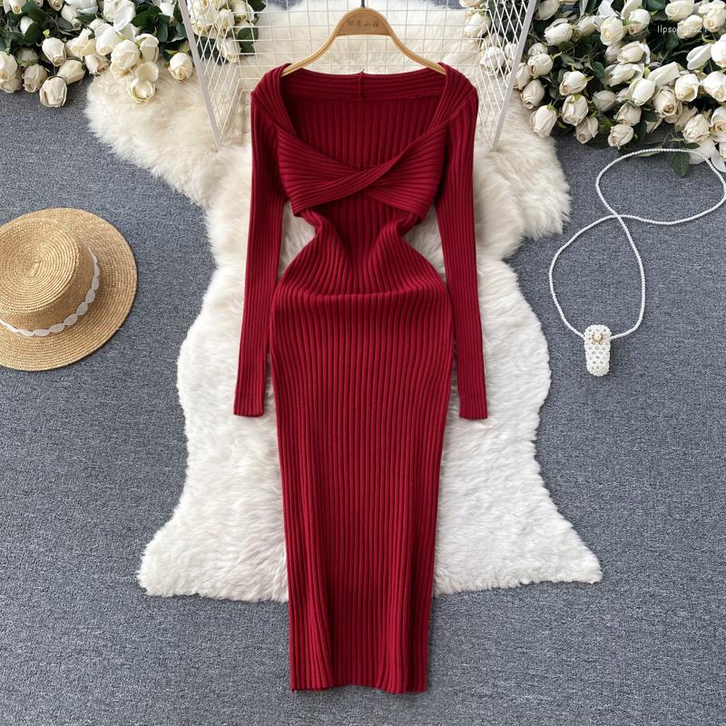 

Casual Dresses Autumn Winter Knitted Sweaters Dress Women Square Collar Full Sleeve Knit Ladies Korean Style Long, Black