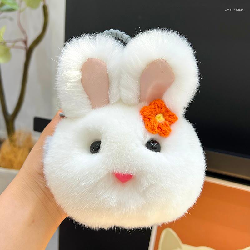

Keychains Cute Bnuuy Real Rex Fur Keychain Kids Plush Toy Women Bag Pendant Car Key Trinkets Highend Keyring Rearview Mirror Gift
