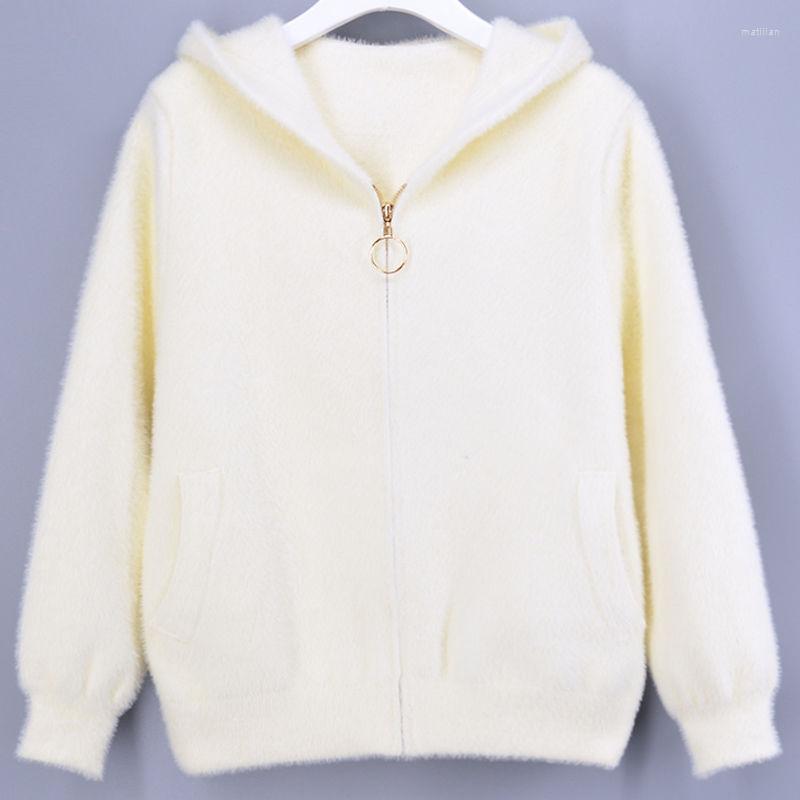 

Women's Knits Female Fashion Imitation Mink Cashmere Knitted Cardigan Women Autumn Winter Korean Thicken Warm Hooded Loose Sweater Coat R162, White