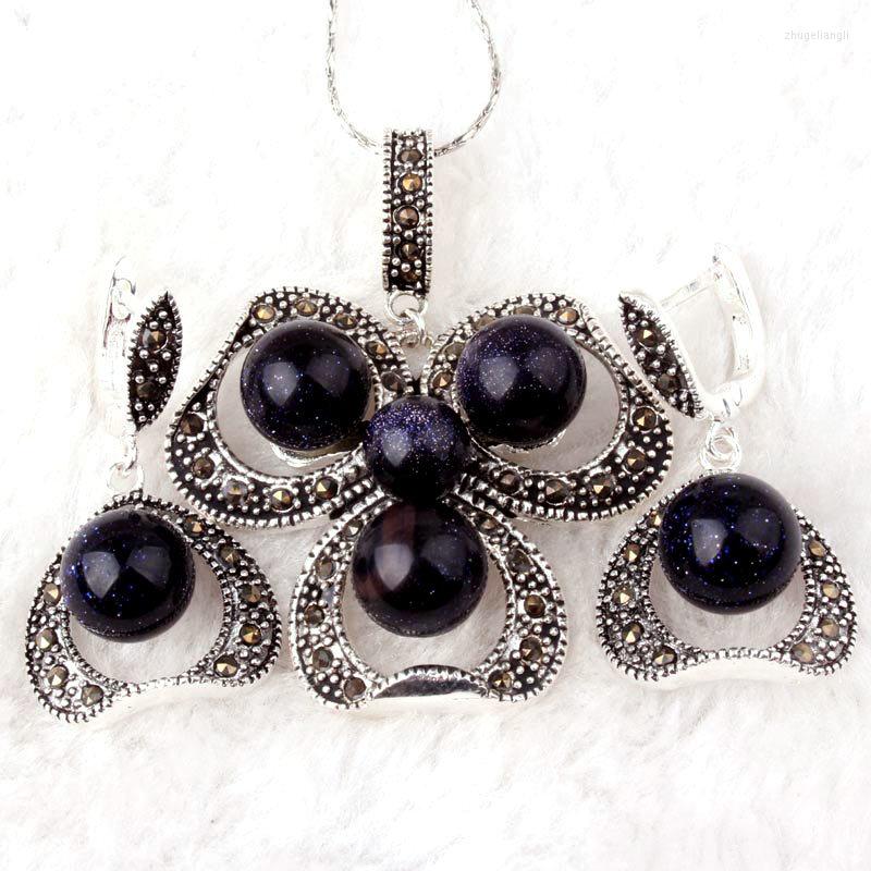 

Pendant Necklaces 8/10mm Round Blue Sandstone Stone Beads Tibetan Silver Fashion Earrings Earring 19x25mm/Pendant 35x45mm