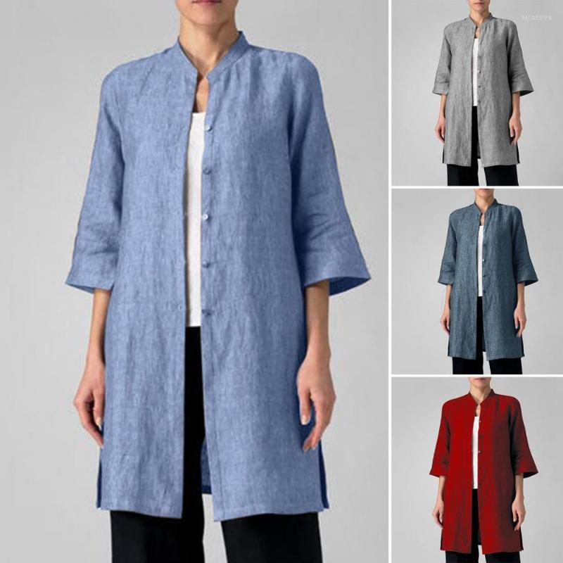 

Women's Blouses Women Elegant V Neck Button Straight Dress Fashion 3/4 Sleeve Loose A-Line Vintage Cotton Linen Solid Party Beach Dresses, Red