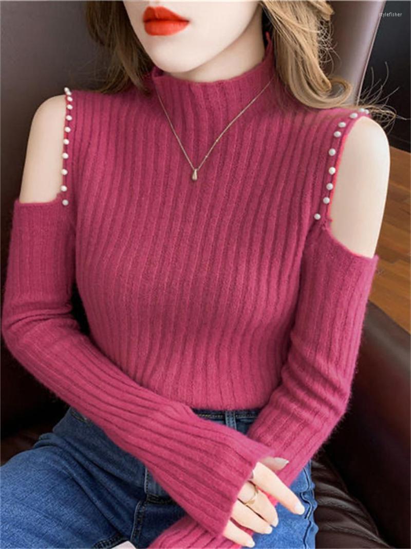 

Women' Sweaters Off Shoulder Women Autumn Spring Pullover Lady Long Sleeve Turtleneck Collar Beading Decor Tops ZZ1661, Black