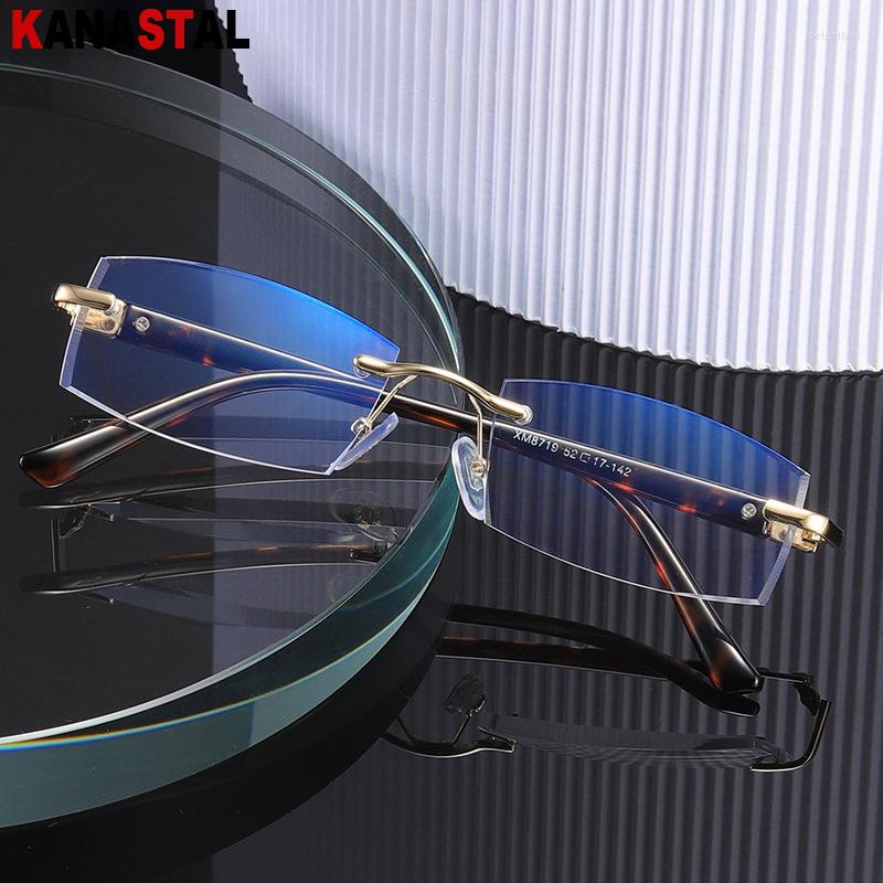 

Sunglasses Men's Blue Light Blocking Reading Glasses Diamond Rimless Cut Edge Metal Eyeglasses Frame Women Anti Fatigue Presbyopic