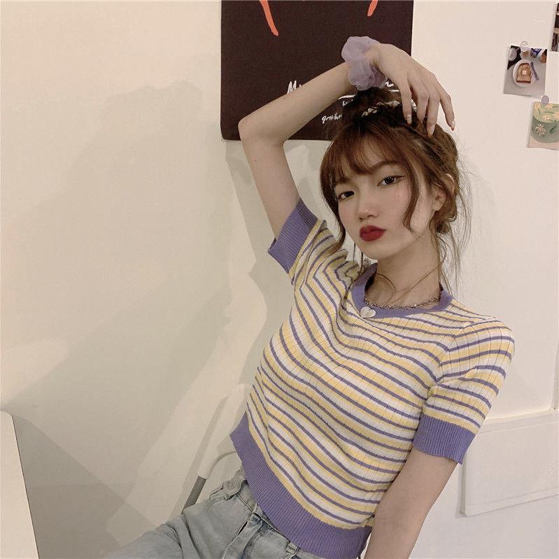 

Women' T Shirts Woman TShirts Knitted High Waist Top Women' Summer Stripes Short Sleeve T-shirt Women Crop Mujer Camisetas, Blue