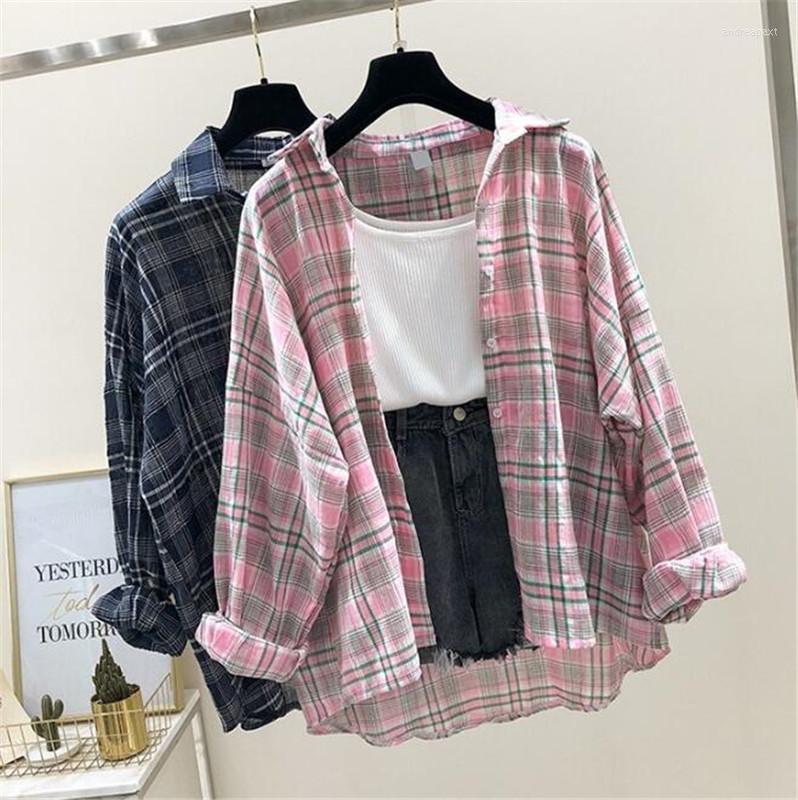 

Women' Blouses 2022 Small Fresh Loose Large Size Plaid Long-sleeved Shirt Female Spring Style, Clear