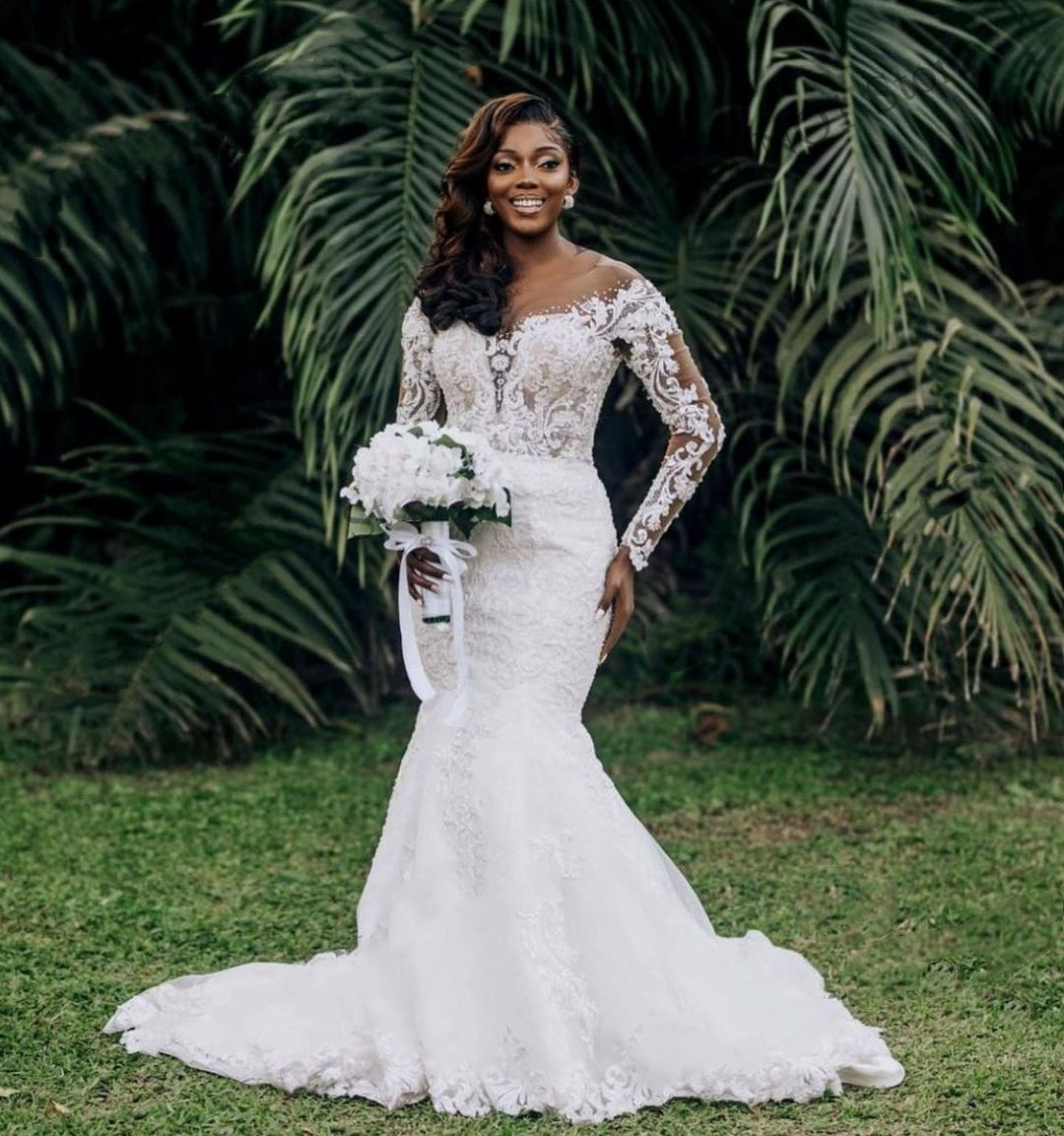 

African Mermaid Wedding Dresses Long Sleeved bohe country Lace Applique Country bridal Dress Second Reception Robes, Silver