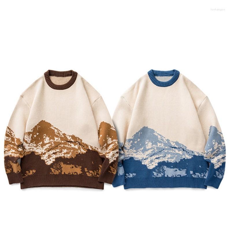 

Men's Sweaters Men Hip Hop Streetwear Harajuku Sweater Vintage Japanese Style Snow Mountain Knitted Pullover Winter Casual Knitwear Clothing, Khaki