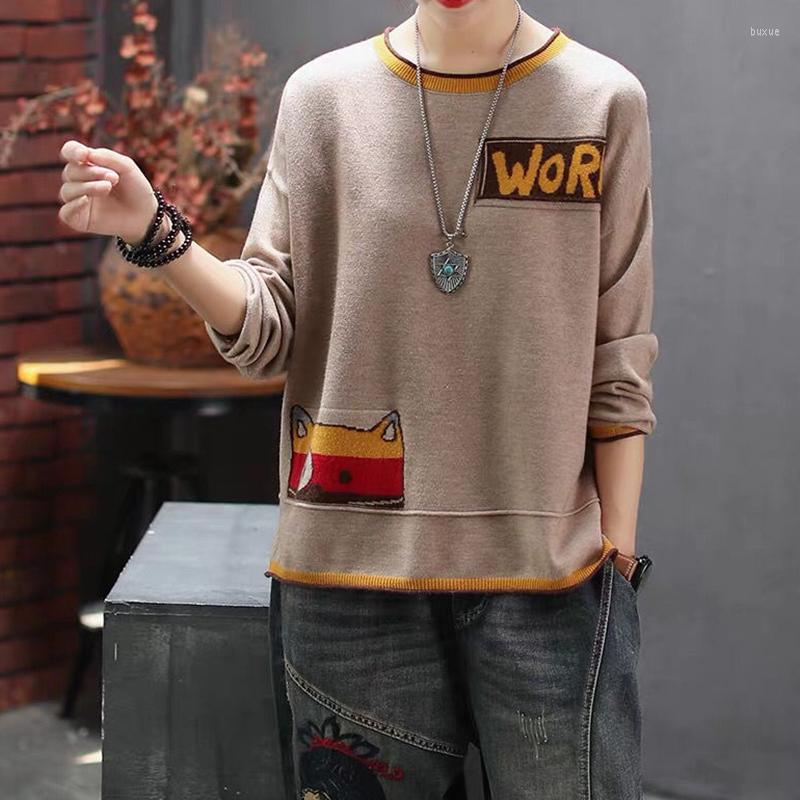 

Women's Sweaters Woman Chails Cartoon Printed Sweater Female Autumn Stylish Loose Round Neck Long Sleeve Knitted Coat, Yellow