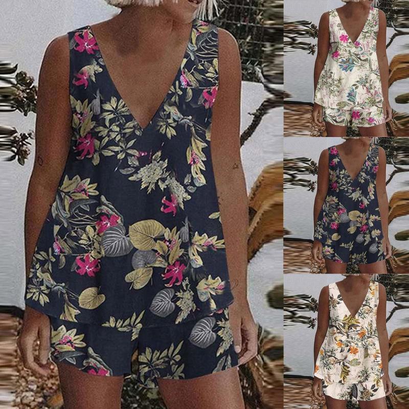 

Women' Tracksuits Conjunto Femenino Womens Floral Print Sleeveless V Neck Casual Suit Elastic Waist Shorts Two Piece Bathing Tops, Pink