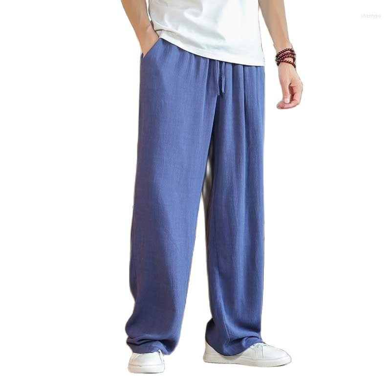 

Men's Pants Summer Men Casual Loose Long Thin Cool Cotton Line Sports Trousers Wide Leg Many Pockets, Black