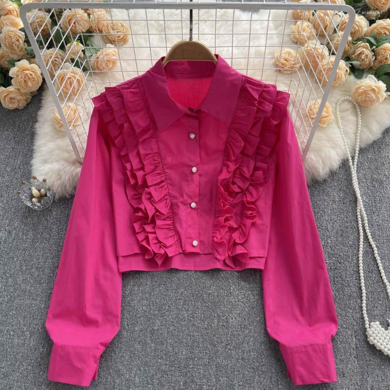 

Women's Blouses Spring Autumn Women Turn-down Collar Long Sleeve Slim Short Shirt Korean Sweet Ruffles Solid Color Casual, Green
