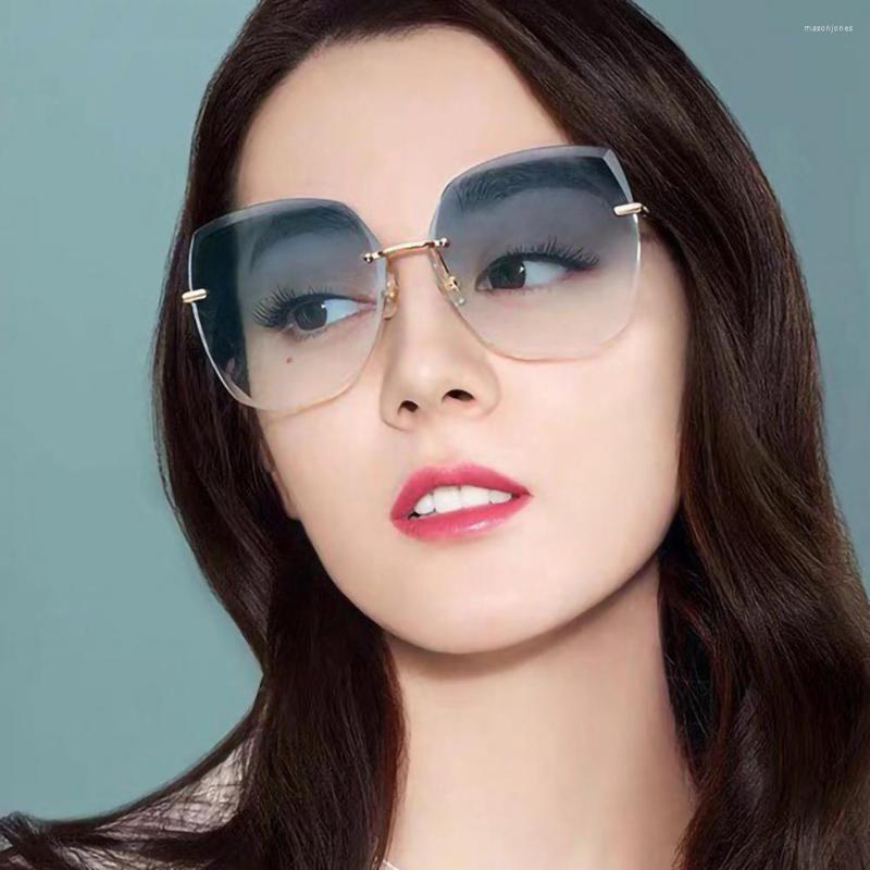 

Sunglasses Gold Metal Frame Large Square Rimless Women Gradient Lens Fashion