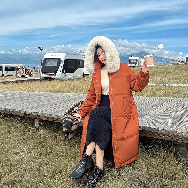 

Women's Trench Coats Women Orange Long Down Parka Jacket Hooded Baggy Winter Waterproof Thickening Warm Duck Feather Female Puffer Coat, Black