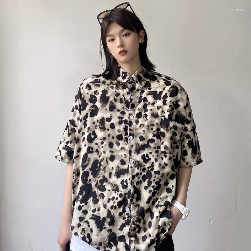

Women's Blouses Summer Shirt Short-sleeved Loose Dark Black Leopard Print All-match Neutral Harajuku Style Jacket Single-breasted Blouse, Picture color