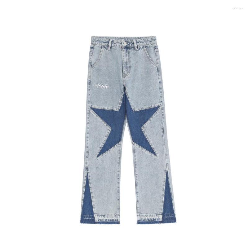 

Men' Jeans Harajuku Stars Letter Embroidery Patchwork Straight Flare Loose Mens Retro Oversized Casual Denim Trousers Pantalones, Blue