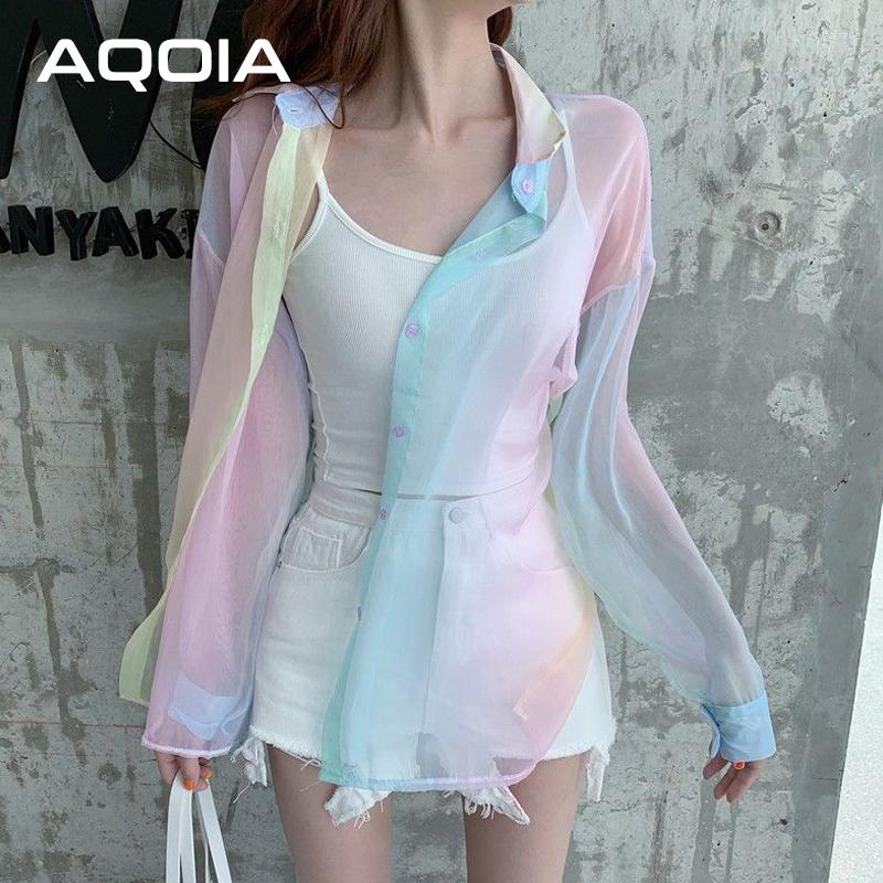 

Women' Blouses 2022 Summer Beach Rainbow Women Shirts Transparent Loose Ladies Shirt Long Sleeve Turn-Down Collar Female Clothing, White t shirt