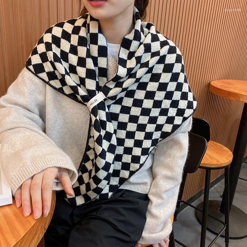 

Scarves Women Winter Knitted Plaid Pashmina Scarf Shawl Luxury Print Thick Warm Blanket Hijab Bufanda Headkerchief D396