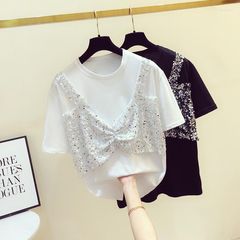 

Women' T Shirts Sequins Patchwork 2022 Fashion O Neck Short Sleeve Lady T-Shirts Korean Fake Two Piece Female Tops, Black
