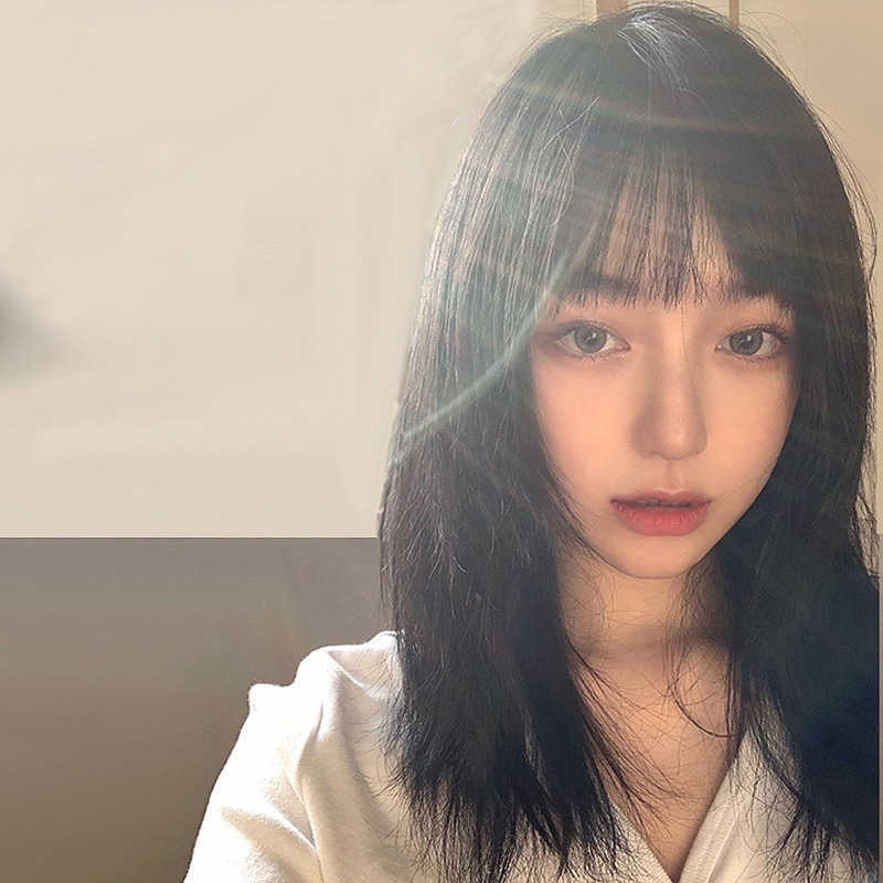 

Hair Lace Wigs Japan and South Korea Medium Long Net Red Clavicle Hair French Bangs Temperament Trim Face Wig Women's Headgear, Black