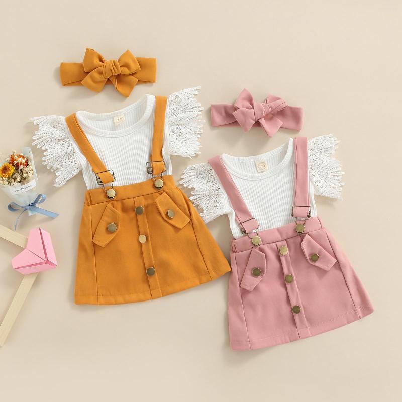 

Clothing Sets Infant Girls Summer Outfit White Flying Sleeve Ribbed Romper Solid Color Suspender Skirt Headband
