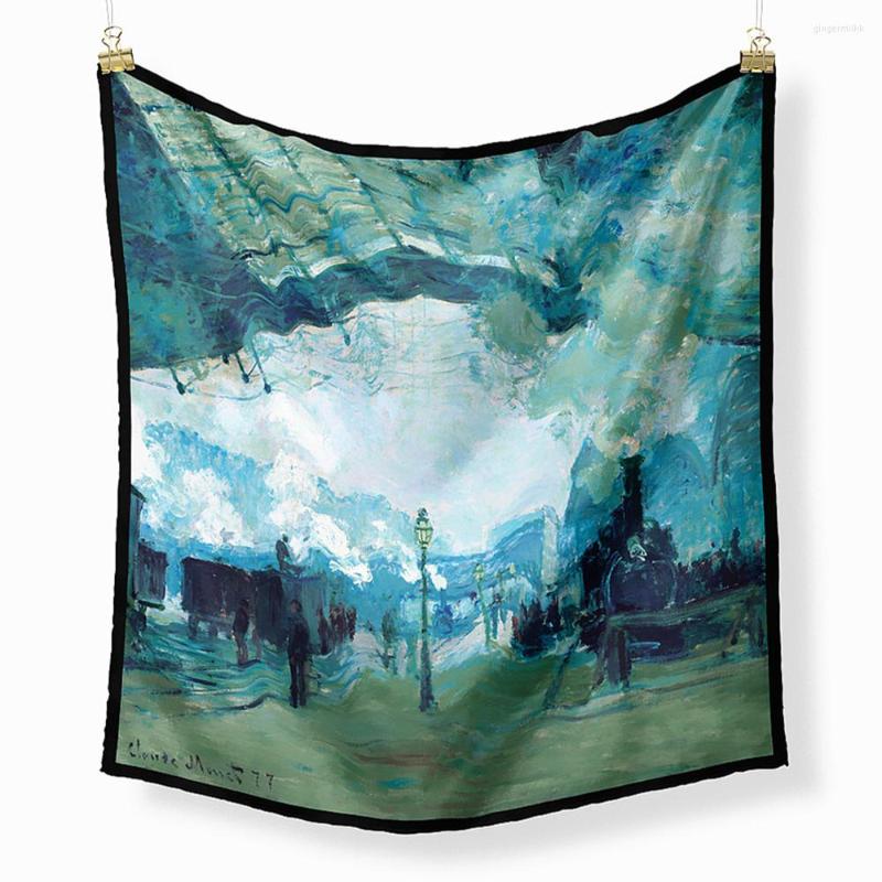 

Scarves Twill Silk Scarf Women Bandana Neckerchief Small Hijab Foulard Lady Tie Hair Headband TRAIN STATION Oil Painting