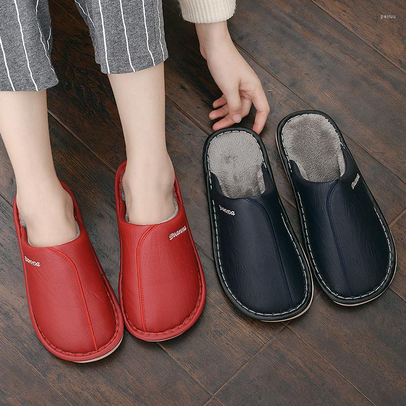 

Slippers Winter Indoor Women Home Non-Slip Couple Men's Warm Cotton Ladies Thick-Soled Flip Flops Leather Waterproof Shoes, Pink