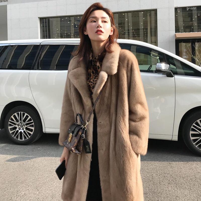 

Women's Fur 2022 Winter Fashion Female Velvet Mink Coat Tun-Down Collar Long Sleeve Woman Imitation Jackets Office Lady Thick Warm Coats, Khaki
