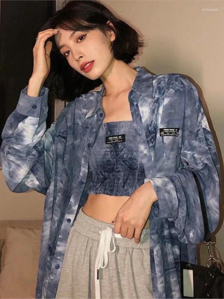 

Women' Blouses Tie Dye Shirts Women Streetwear Oversize Loose Tops Vintage Long Sleeve Shirt Y2k Harajuku Cardigan, Blue set