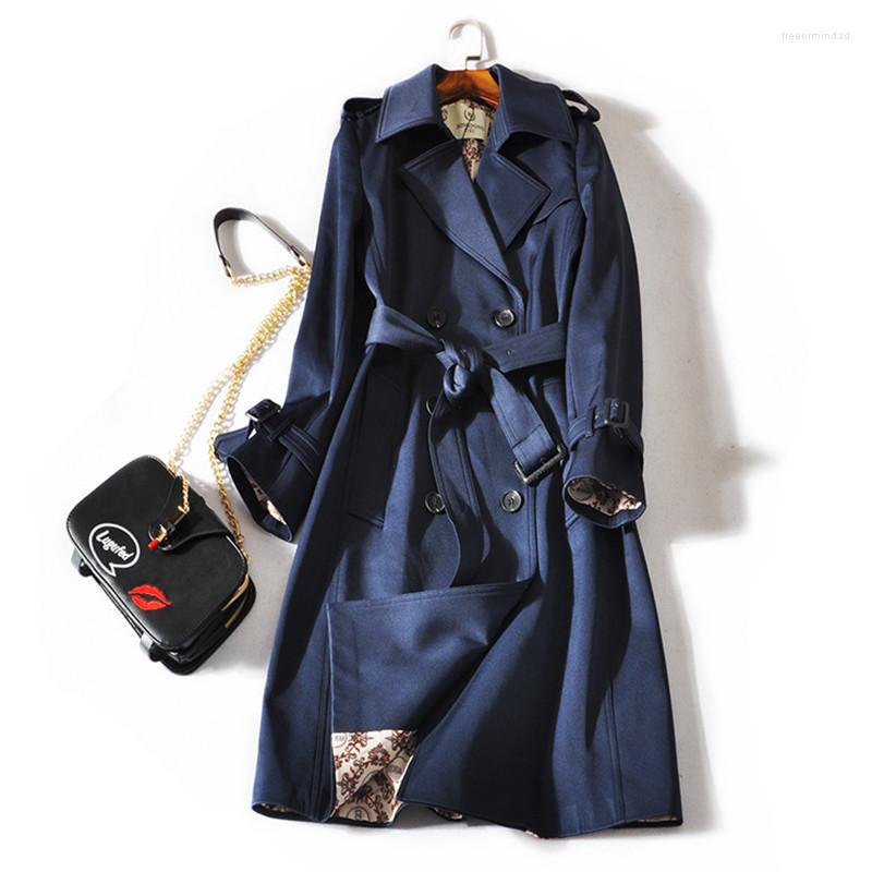 

Women's Trench Coats Nice Autumn Women Double Breasted Long Coat With Belt Windbreaker Female Classic Casual Office Lady Business Outwear, Navy