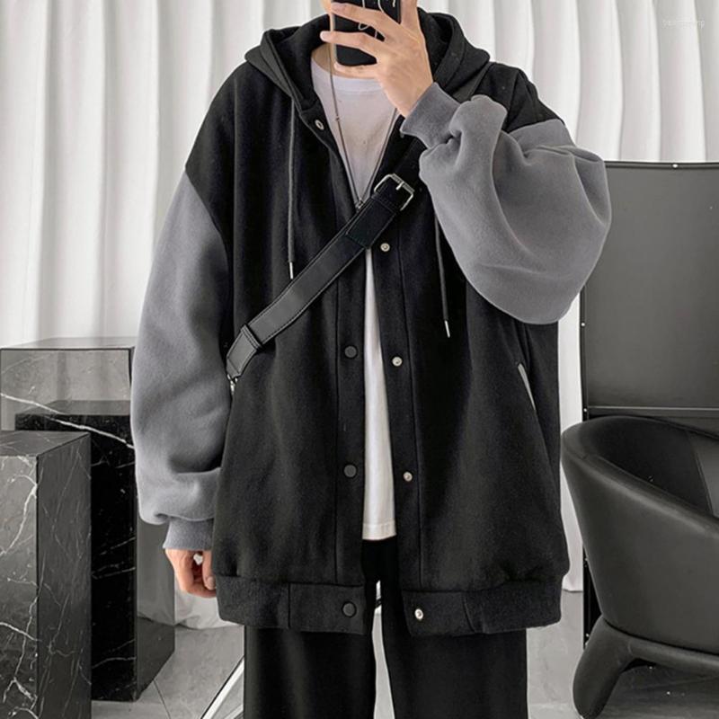 

Men's Jackets Korean Style Stylish Ribbed Cuff Hood Jacket Super Soft Unisex Single Breasted For Dating, Black