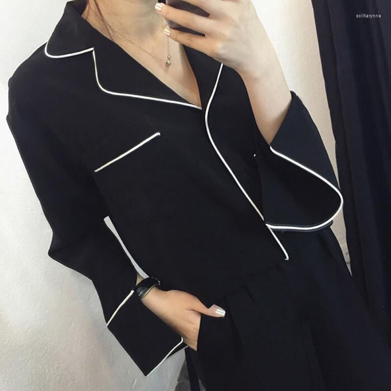 

Women' Blouses Pajama-style Fall Fashion Shirts Japanese Kimono Black White Long Sleeve Loose Tops Color Contrast Casual V Neck Blouse