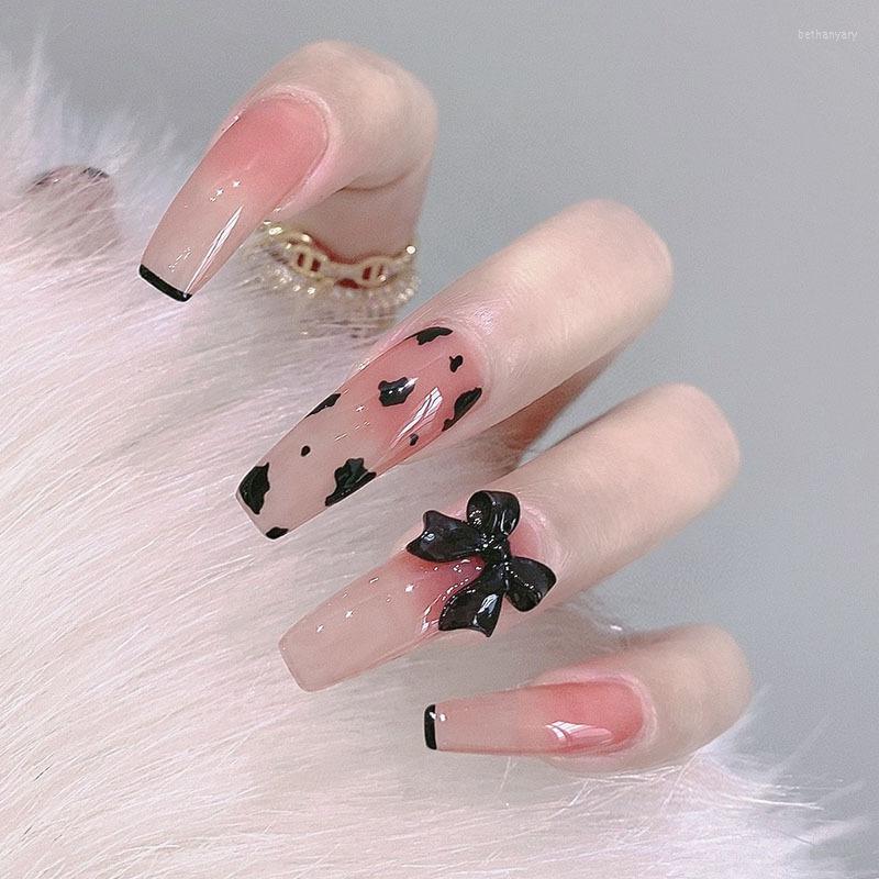 

False Nails 24pcs Black Bow Nail Patch Sweet Style Glue Type Removable Long Paragraph Manicure Save Time Fake