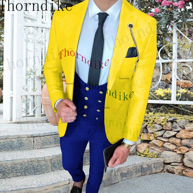 

Men's Suits Thorndike Business Slim Fit 3 Pcs Yellow Jacket With Royal Blue Vest Pants Groom Prom Tuxedos Groomsmen Blazer For Wedding